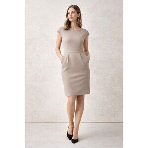 Quince Ponte Cap Sleeve Dress Taupe Boat Neck Quiet Luxury Small